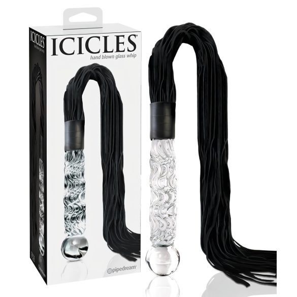 Icicles No. 38 - δερμάτινο μαστίγιο και γυάλινο δονητή (διάφανο-μαύρο)