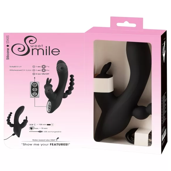 SMILE Triple - δονητής με 3 κεφαλές - επαναφορτιζόμενος, αδιάβροχος - μαύρος