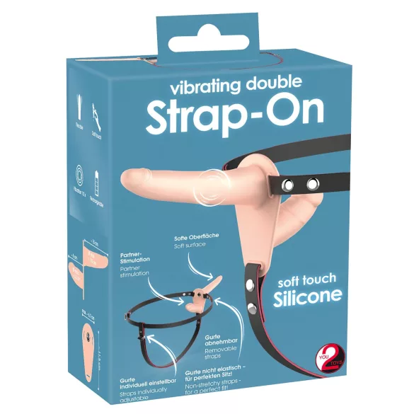 You2Toys - strap-on διπλός δονητής - γυναικεία χρήση - φυσικό χρώμα