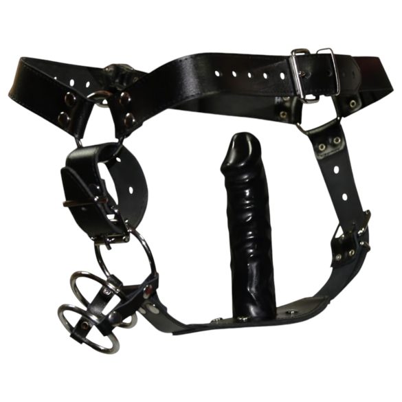 ZADO - δερμάτινο στρινγκ με ομοίωμα και 3 δαχτυλίδια πέους