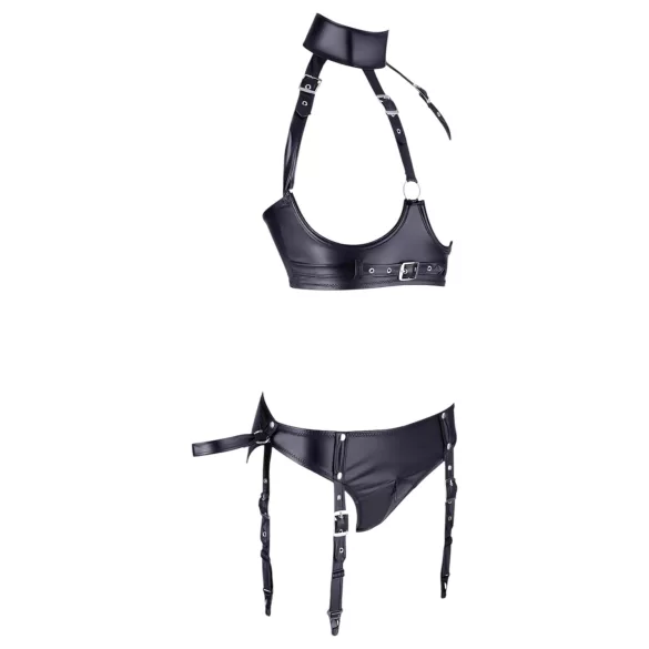 Cottelli Bondage - σετ μπουστάκι με γυαλιστερή υφή και χειροπέδες - μαύρο
