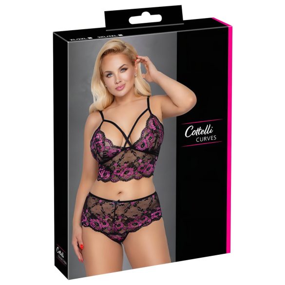 Cottelli Plus Size - λουλουδάτο σετ σουτιέν (μαύρο-μοβ)