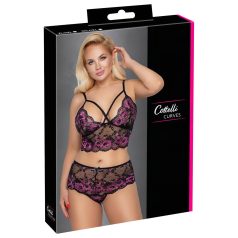   Cottelli Plus Size - λουλουδάτο σετ σουτιέν (μαύρο-μοβ) - 3XL/4XL