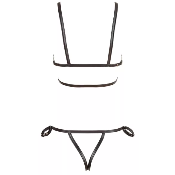 Cottelli Bondage - γυναικείο ολόσωμο δερμάτινο μπικίνι - μαύρο, λαμπερό