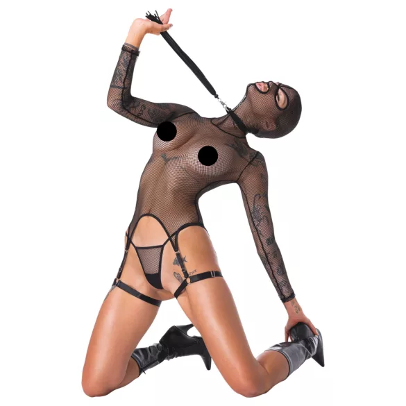 Bad Kitty - σετ BDSM διχτυωτό διάφανο με μαστίγιο - μαύρο - L