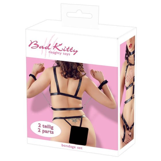 Bad Kitty - studded body harness set with handcuffs (black) - L/XL