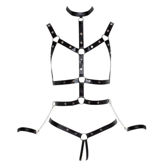 Bad Kitty - studded body harness set with handcuffs (black) - L/XL