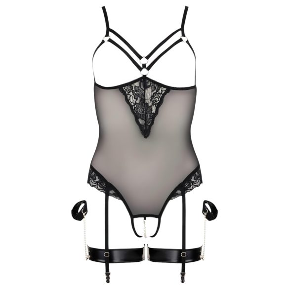 Cottelli Bondage - κορμάκι με μεταλλικούς κρίκους και χειροπέδες - μαύρο - M