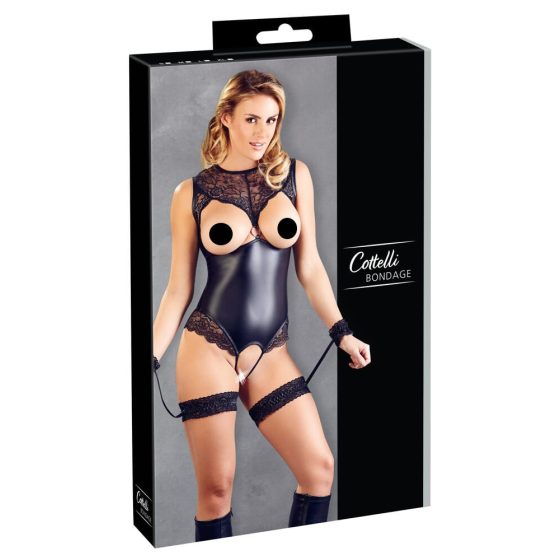 Cottelli Bondage - lace and shiny open body with handcuffs (black) - L