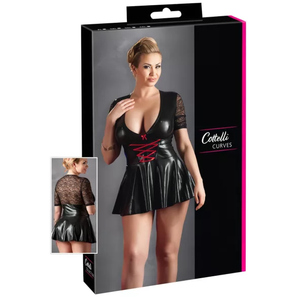 Cottelli Plus Size - γυναικείο φόρεμα wetlook με κόκκινο κορσέ - μαύρο - XXXL
