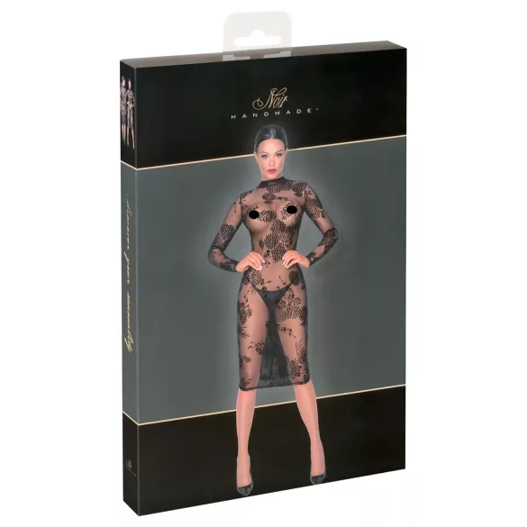 Noir - Διάφανη μαύρη ρόμπα με μακριά μανίκια και λουλούδια - M