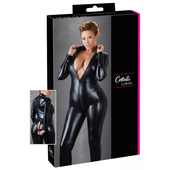 Cottelli Plus Size - ολόσωμη φόρμα party γυαλιστερή μακρυμάνικη μαύρη - 3XL