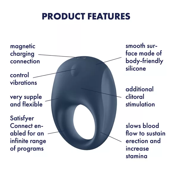Satisfyer Strong One - δαχτυλίδι πέους με δόνηση, ελεγχόμενο μέσω εφαρμογής, για άνδρες (μπλε)