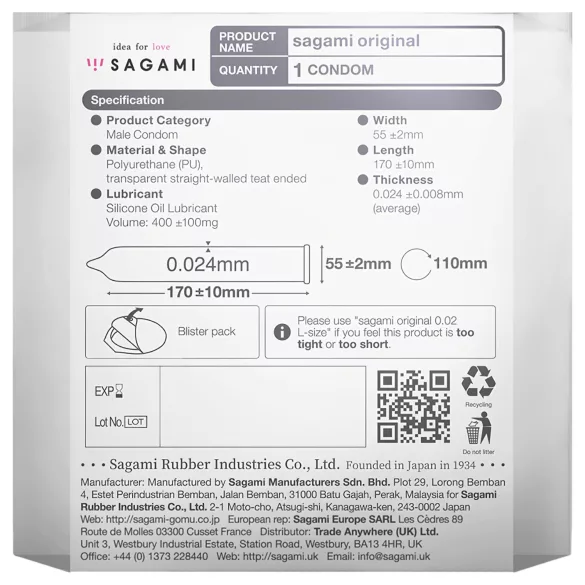 Sagami Original 0,02 - προφυλακτικό λεπτό - 55mm - 1 τεμάχιο