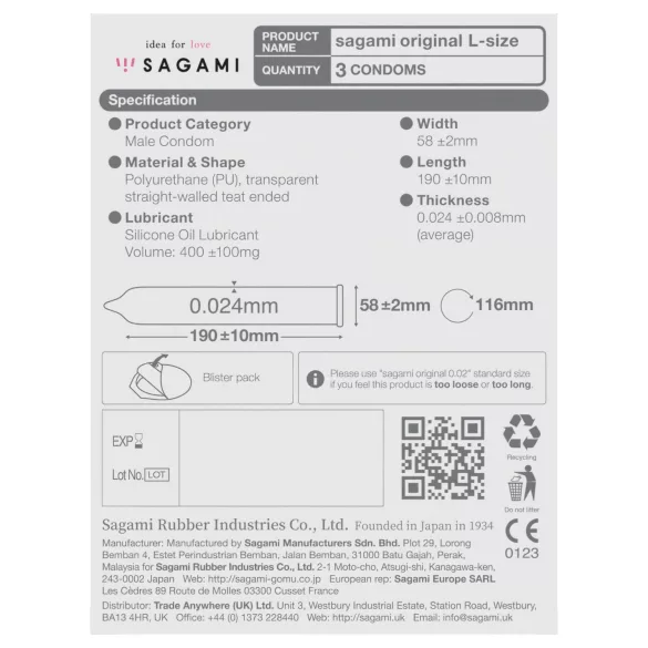 Sagami Original 0.02 L - προφυλακτικό - 58mm - 3 τεμάχια