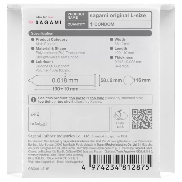 Sagami Original 0,01 L - προφυλακτικό - εξαιρετικά λεπτό 58mm (1 τεμ)