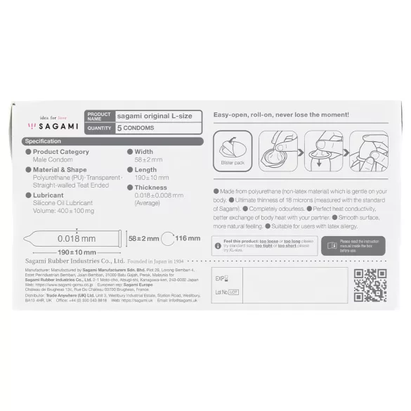 Sagami Original 0,01 L - προφυλακτικό λεπτό - 58mm - 5 τεμάχια