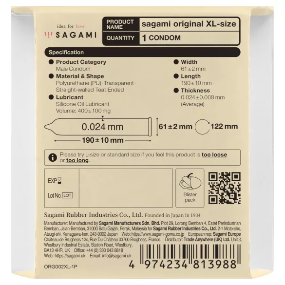 Sagami Original 0,02 XL - προφυλακτικό - XL μέγεθος 61mm - 1 τεμ