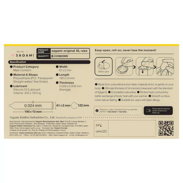 Sagami Original 0.02 XL - προφυλακτικό - 61mm - 6 τεμάχια