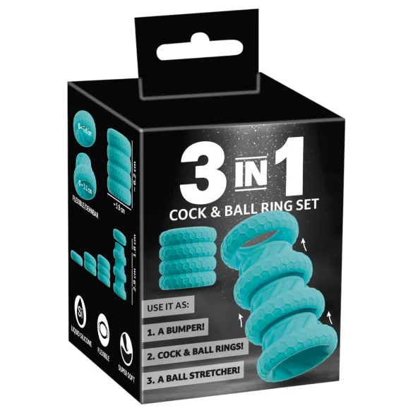 You2Toys - Σετ δακτυλιδιών πέους και όρχεων 3 σε 1 (τιρκουάζ)