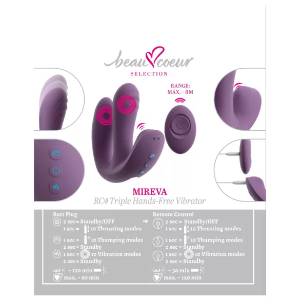 Beau Coeur Mireva - δονητής με τριπλό βραχίονα - τηλεχειριστήριο - μοβ