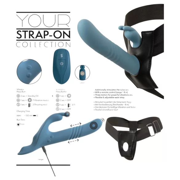 You2Toys - 3 τεμαχίων strap-on δονητής κουνελάκι με τηλεχειριστήριο (μπλε)