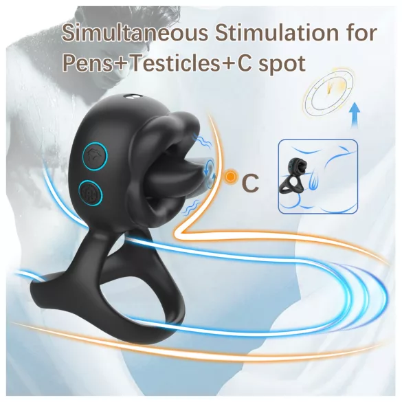 Biu-Biu - δαχτυλίδι πέους & δονητής κλειτορίδας με γλείψιμο - μαύρο