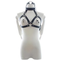   Latetobed - θηλιά με φίμωτρο και τσιμπιδάκια θηλών (μαύρο)