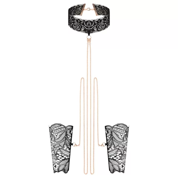 Rosy Gold - σετ κολάρο και χειροπέδες - δέρμα - μαύρο